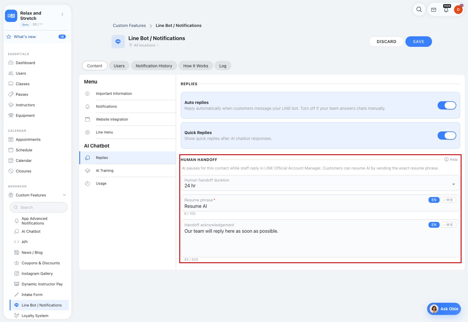 Human handoff settings: duration, resume phrase and acknowledgement