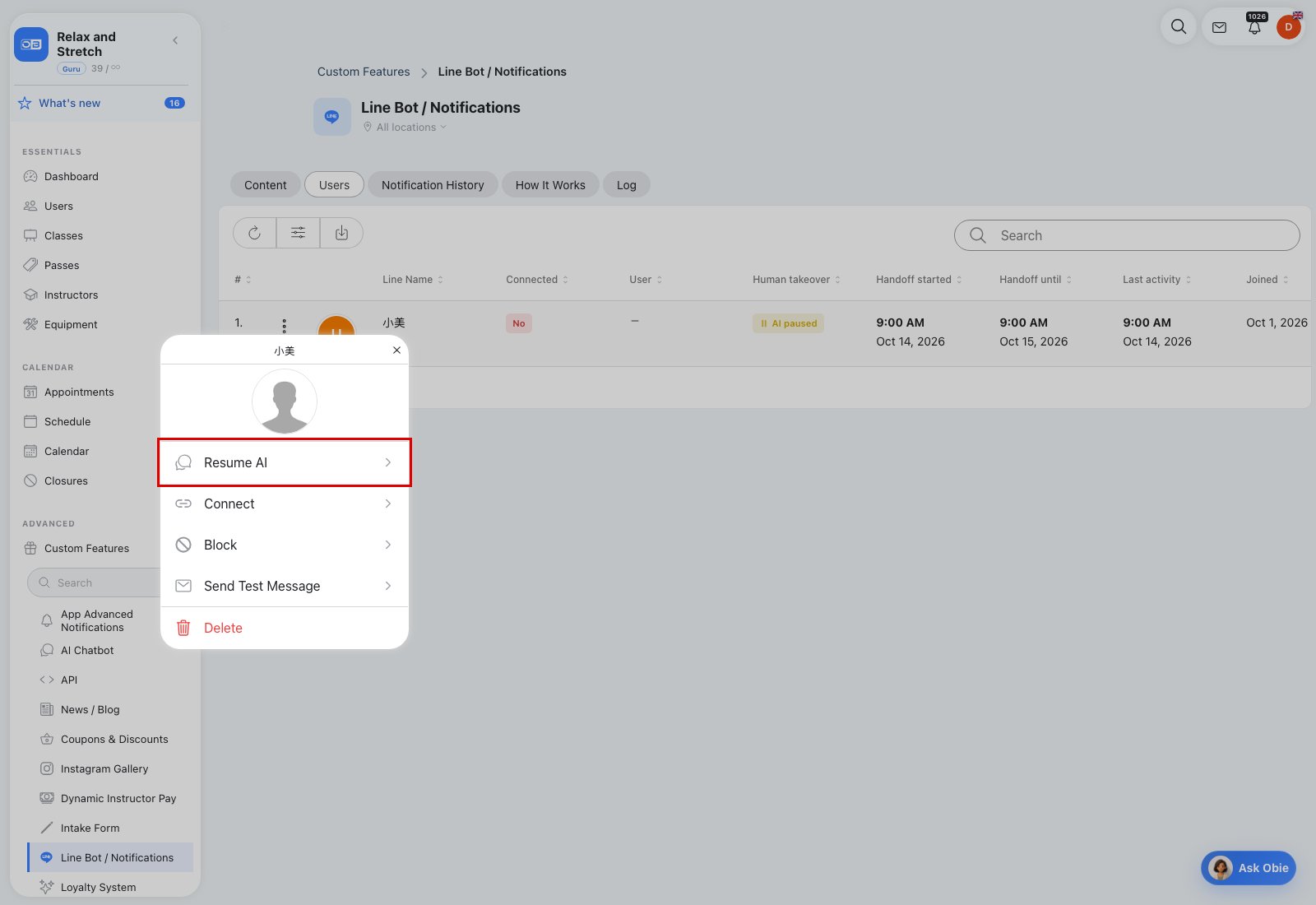Contact menu with Resume AI