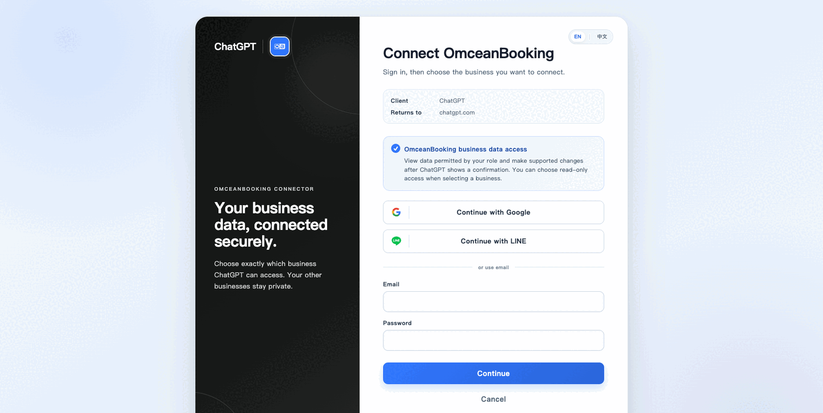 English OmceanBooking sign-in page for connecting ChatGPT