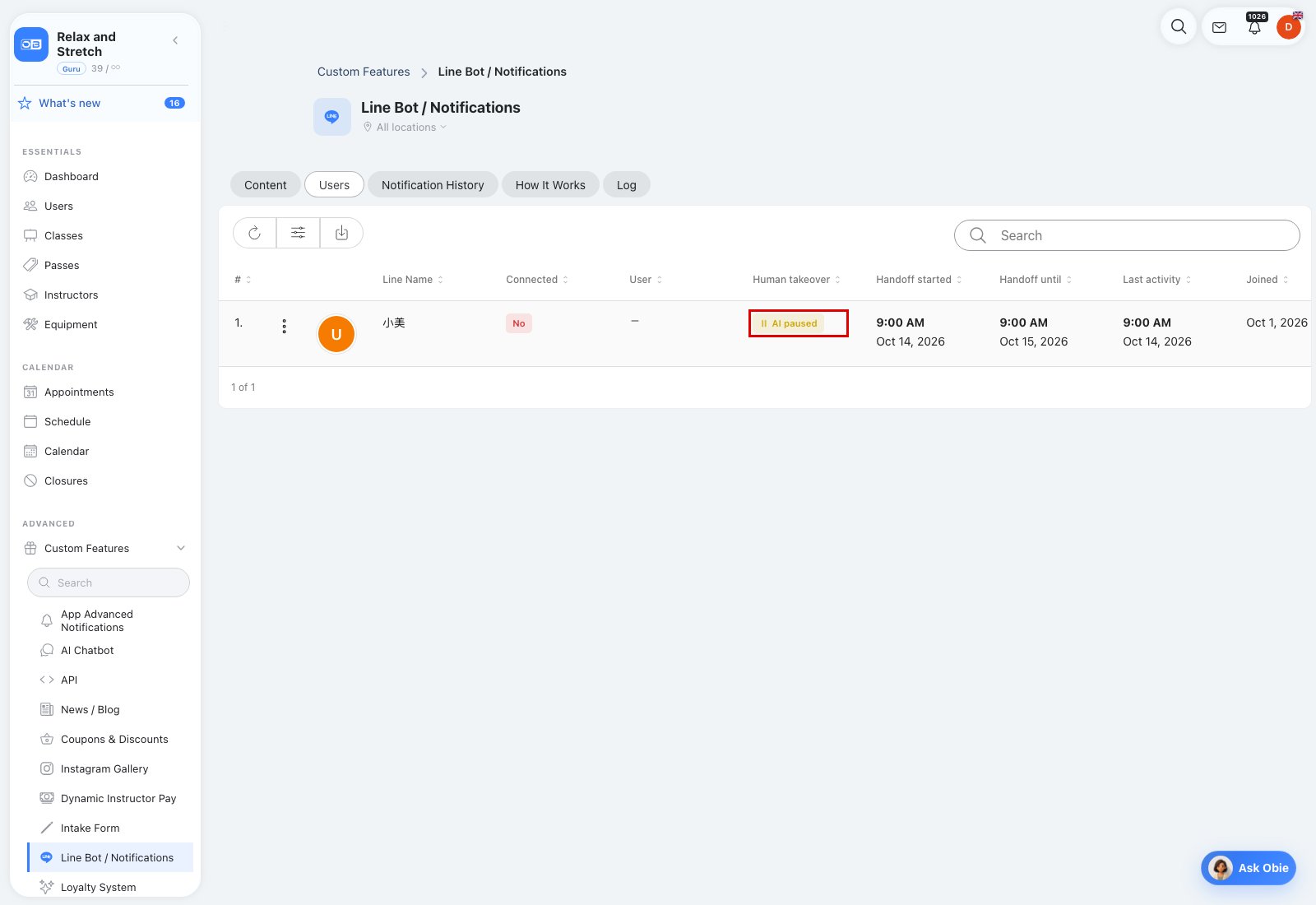 LINE Users showing an AI paused badge and handoff times