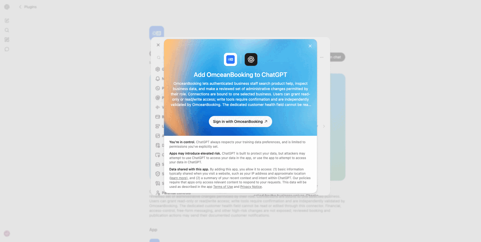 將 OmceanBooking 加入 ChatGPT 的視窗,包含 Sign in with OmceanBooking 按鈕